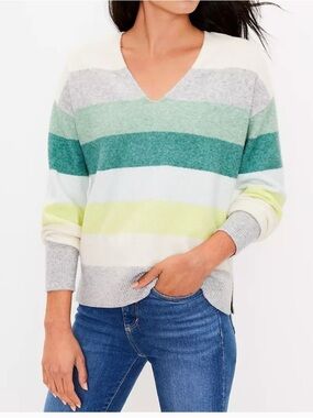 LOFT Striped V-Neck Sweater in Teal, Mint, Lime, Gray, and Cream. Size XS